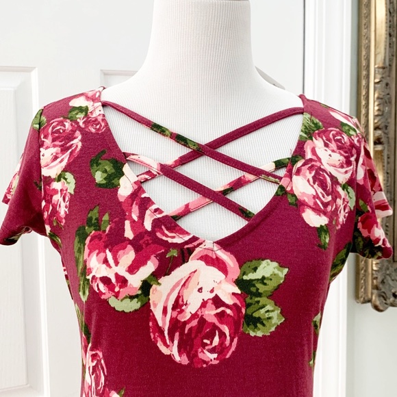 Maxi Dress Red Floral Print Short Sleeve - Picture 4 of 8